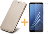 iCall Samsung Galaxy A8 (2018) Hoesje Book Case Champagne Goud + Screenprotector Gehard Tempered Glas (Portemonnee Hoesje Leer met Siliconen Houder - Flip Cover 360° Bescherming)