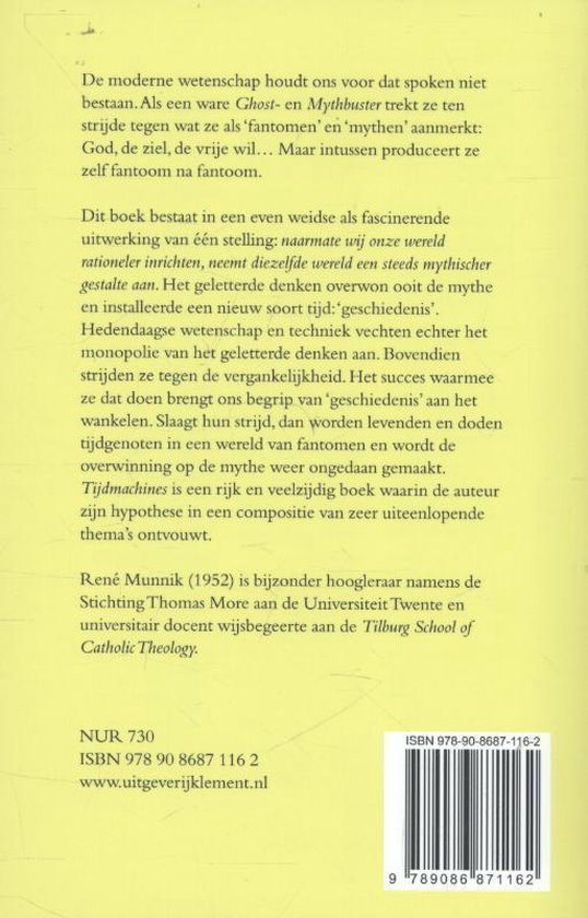 Achterkant boek 'Tijdmachines' met tekst, ISBN en streepjescode.