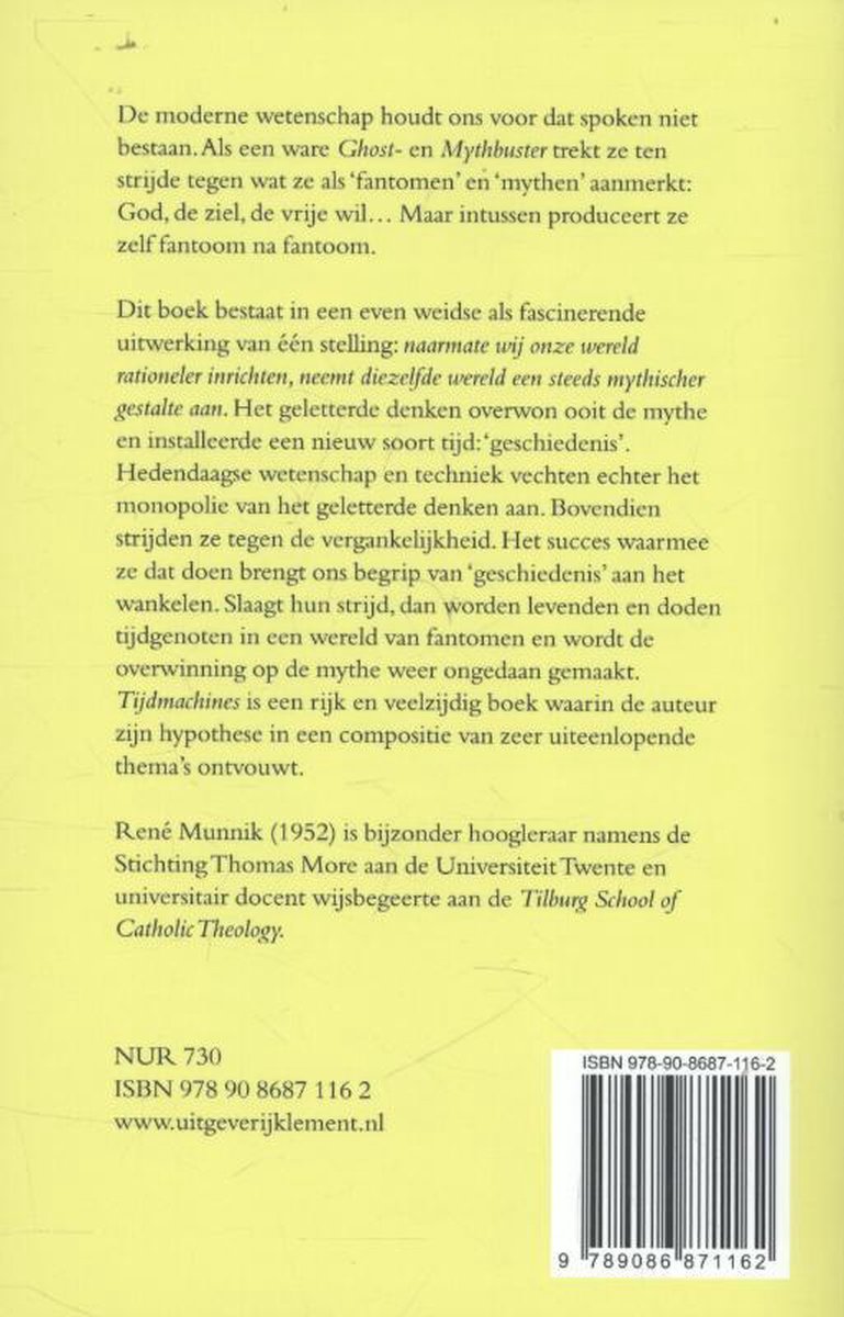Achterkant boek 'Tijdmachines' met tekst, ISBN en streepjescode.