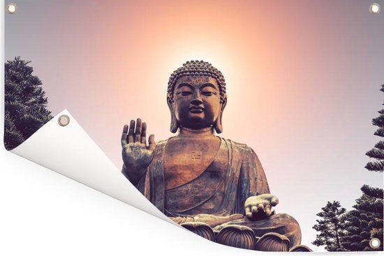 bol.com | Tuinposter - Zonsondergang achter het hoofd van de Tian Tan  Boeddha - 60x40 cm