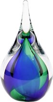 Glazen urn. Asbestemming. "Druppel" Blauw-groen. 14 cm hoog