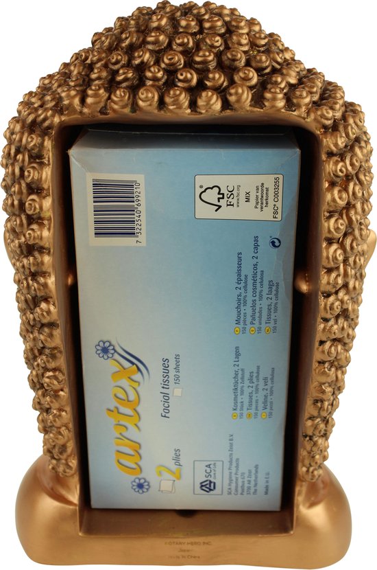 Achterkant van bronzen Boeddha hoofd tissuehouder, met een doos tissues.