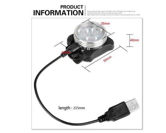 Oplaadbare Fietslamp Voor + Achter Usb - Wit + Rood - Fietsverlichting — afbeelding 5