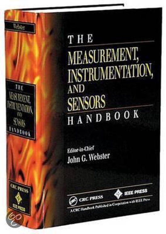 De kaft van het boek "The Measurement, Instrumentation, and Sensors Handbook" toont een vlammenpatroon op de rug en de titel in witte letters op een zwarte achtergrond.