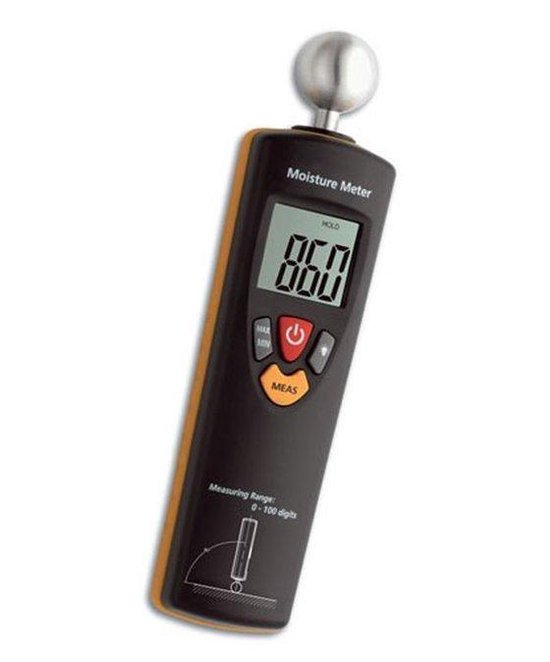 Zwarte vochtmeter met oranje zijkanten en een metalen bol bovenaan. Digitaal scherm toont '860'.