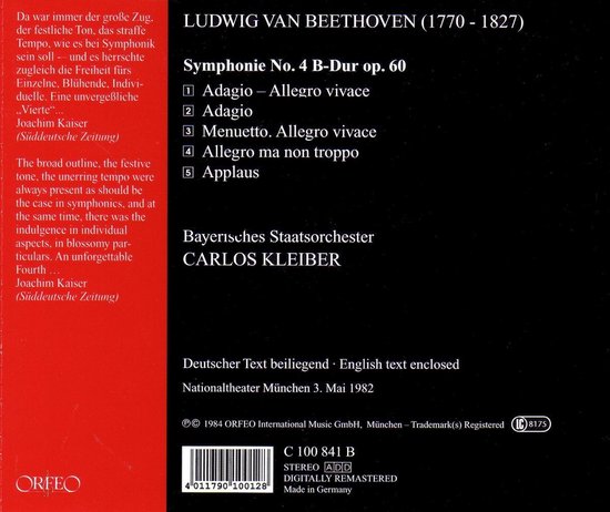 Beethoven Symphonie Nr. 4 B-Dur op. 60 met Bayerisches Staatsorchester o.l.v. Carlos Kleiber.
