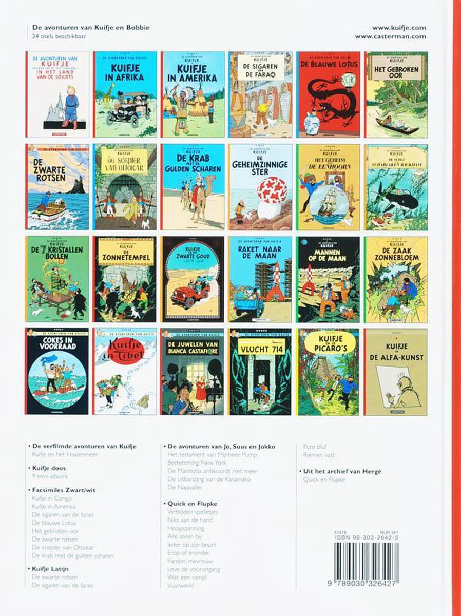 Cover met diverse Kuifje albums in rijen van 6 en 5. Een rijtje met de titels van de avonturen. Een rijtje met 9 miniaturen. Een lijst met titels. En een informatieblok.