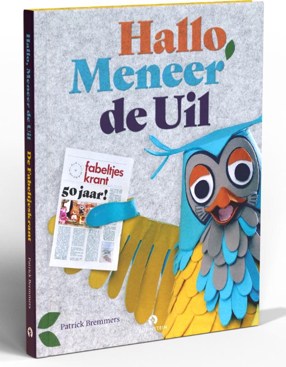 Voorzijde 'Hallo, Meneer de Uil' boek. Met gekleurde uilpop, gele handschoen en krantje. 'Hallo, Meneer de Uil', Patrick Bremmers.