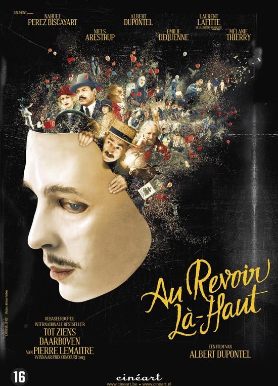 Poster voor de film 'Au Revoir Là-Haut' met een masker en een explosie van mensen en gebouwen eruit.