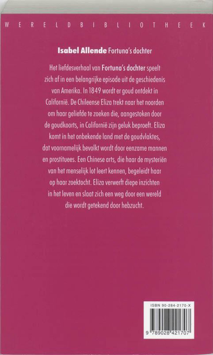 Achterkant van het boek Fortuna's dochter met tekst over het verhaal.
