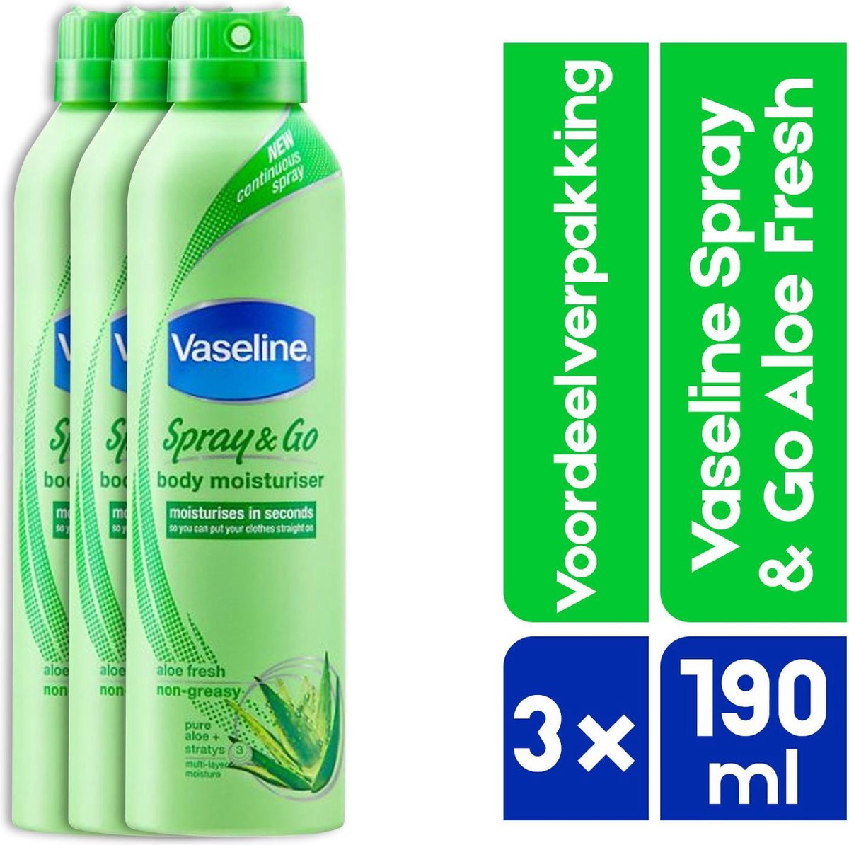Bol.com Vaseline Spray & Go Aloe Fresh - 3 x 190 ml - Bodylotion - voordeelverpakking aanbieding