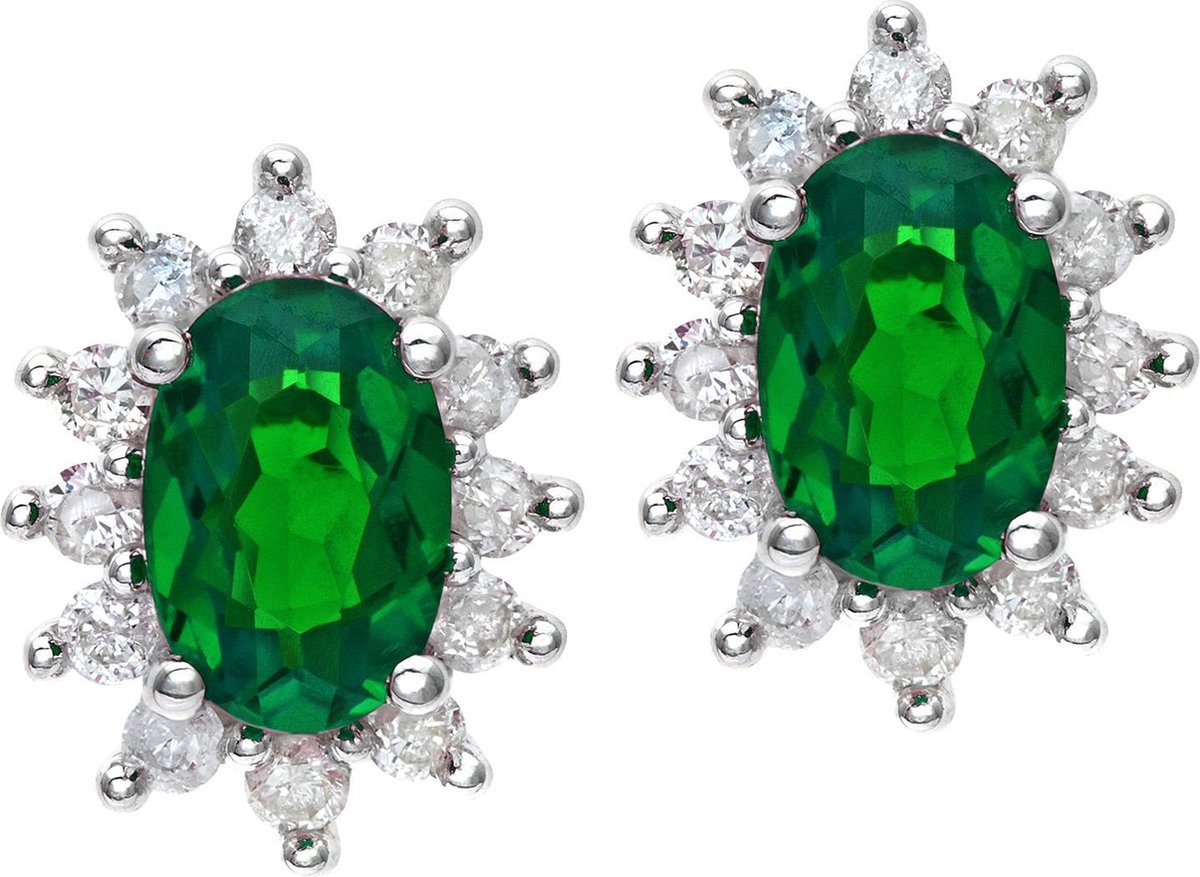 9k Wit Gouden 0,25cd Diamant en Smaragd Oorbellen met Cluster Design | bol.