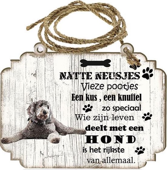 Spreukenbordje hond: Labradoodl grijs