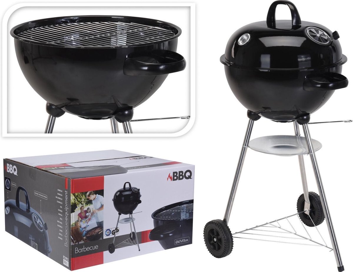 | Ronde houtskool barbecue met thermometer (Zwart) Houtskool barbecue Ø56,5cm met asbak en gechroomde rooster.