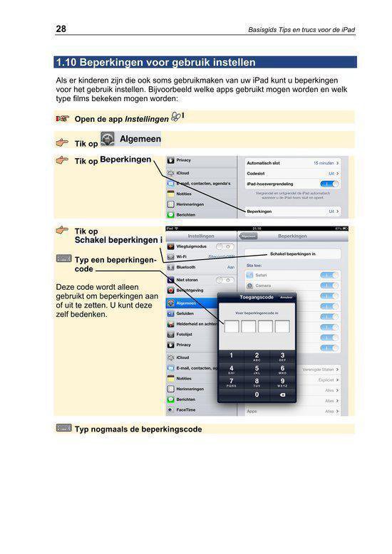 Pagina 28 uit 'Basisgids Tips en trucs voor de iPad' over instellen van beperkingen op een iPad.