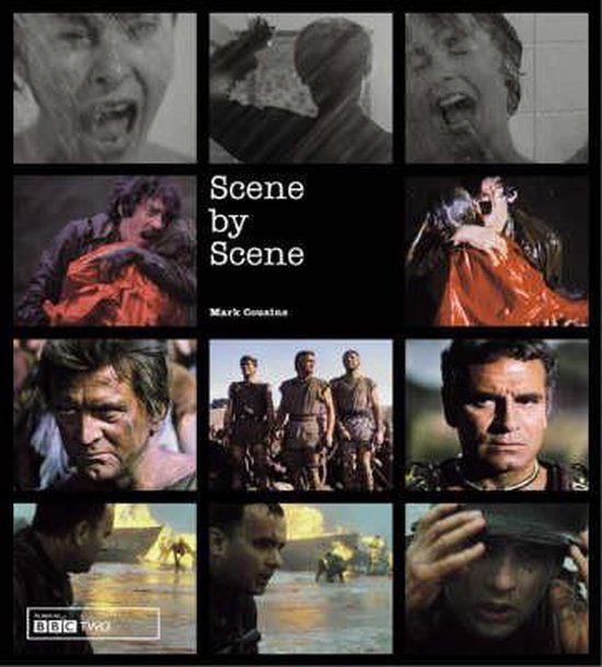 Couverture de livre avec un collage de scènes de film: visages dramatiques, trois hommes en tenue romaine, scènes de guerre et texte 'Scene by Scene'.