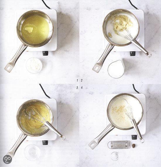 Vier stappen voor het maken van een saus met een garde in een pan.