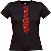 Stropdas t-shirt glitter rood maat M Dames zwart