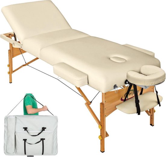 tectake® - Massagetafel met matras van 10 cm hoog + draagtas behandeltafel massage tafel - beige - behandelbank – incl. opbergtas – opvouwbaar