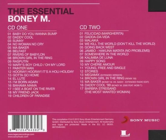 Achterkant van de cd-hoes met de titel 'THE ESSENTIAL BONEY M.'. Lijsten met nummers voor CD ONE en CD TWO.
