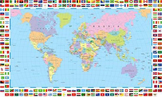 Wereldkaart (staatkundig) met landsvlaggen