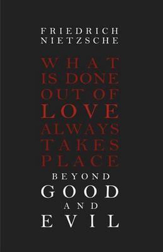 Boek kaft van Friedrich Nietzsche, "Beyond Good and Evil". Tekst in rood en wit op zwarte achtergrond.