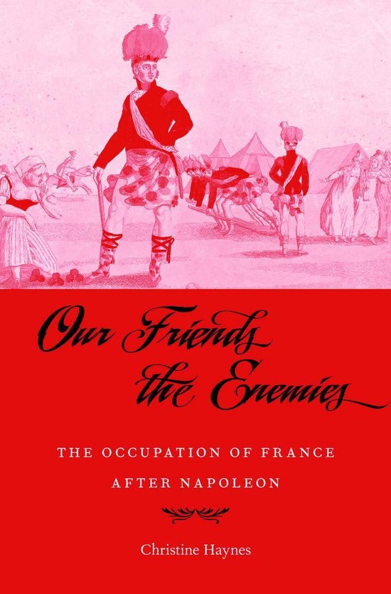 Boek 'Our Friends the Enemies' met een roze gravure van soldaten en een rode achtergrond met de titel en auteursnaam.