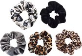 Scrunchie 5 stuks Velvet Extra Vol en Luxe - haarelastiek haarwokkel scrunchies - zwart - grijs - panterprint bruintinten - panterprint bruin/zwart - panterprint grijs/wit - Kraagj
