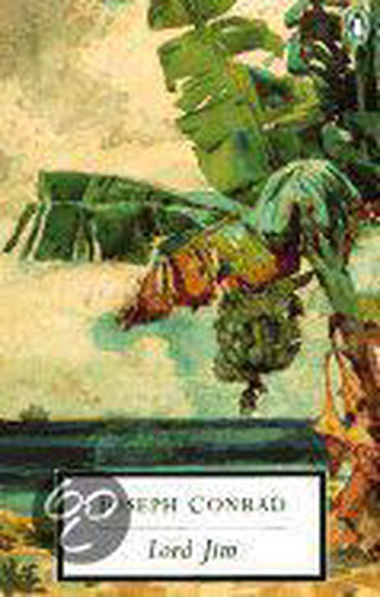 Boek 'Lord Jim' van Joseph Conrad, met een schilderij van bananenbladeren op de cover.