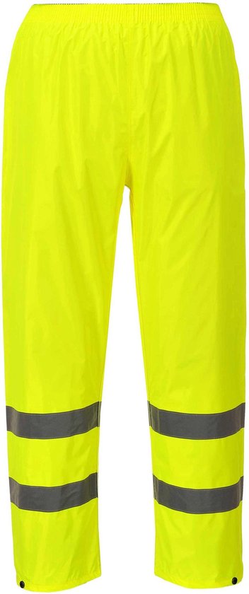 Pantalon haute visibilité jaune fluo avec deux bandes réfléchissantes autour des mollets.