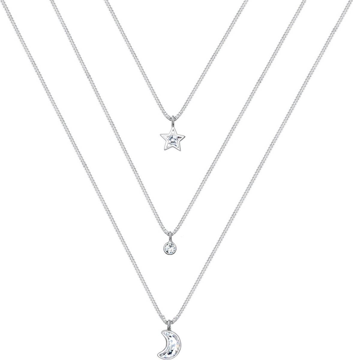 Collana Donna Elli A Strati Con Luna E Stelle, In Argento 925 Con Cristalli, Look Moderno, Lunghezza 40 Cm