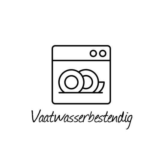 Pictogram van een vaatwasser met borden en bestek, met de tekst 'Vaatwasserbestendig'.
