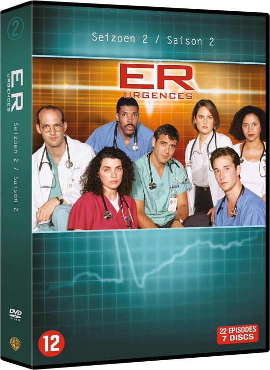 DVD-hoes van ER Seizoen 2 / Saison 2 met 7 personen, 22 afleveringen en 7 discs. Leeftijdsindicatie 12.