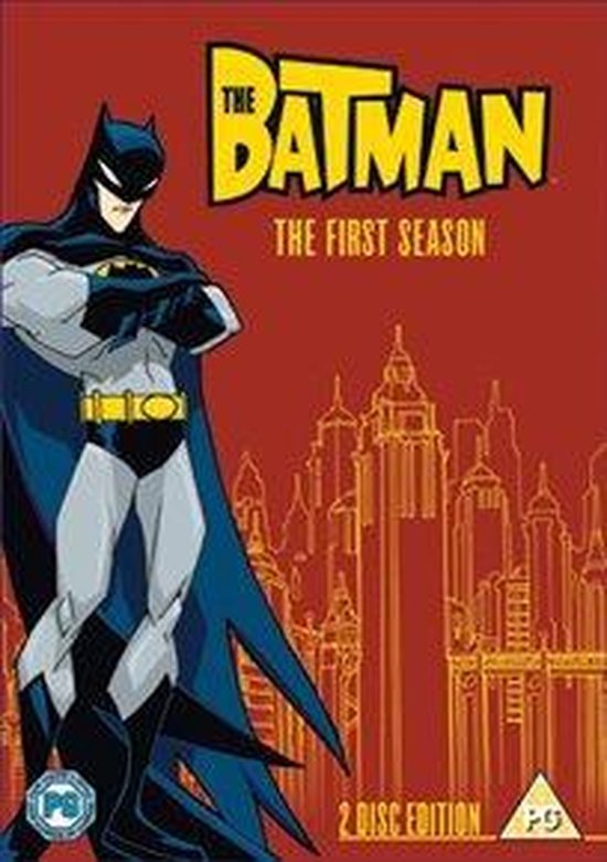 DVD-hoes van The Batman: The First Season, met Batman in zijn klassieke kostuum tegen een rode achtergrond met een stadsgezicht.