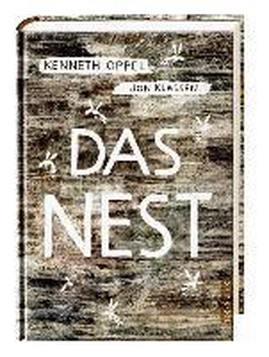 Boek kaft met de titel 'Das Nest' door Kenneth Oppel en Jon Klassen, met een houttextuur achtergrond en kleine witte konijnen.