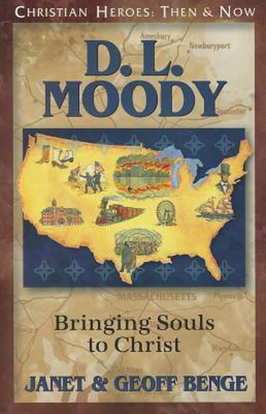 Boek "D.L. MOODY: Bringing Souls to Christ" met een kaart van Amerika met illustraties van zijn werk.