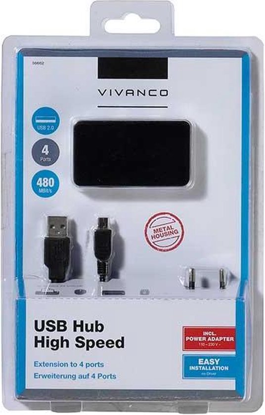 Vivanco 4 poorten USB 2.0 hub IT-USBHUB4PWR Zwart/zilver | bol.com