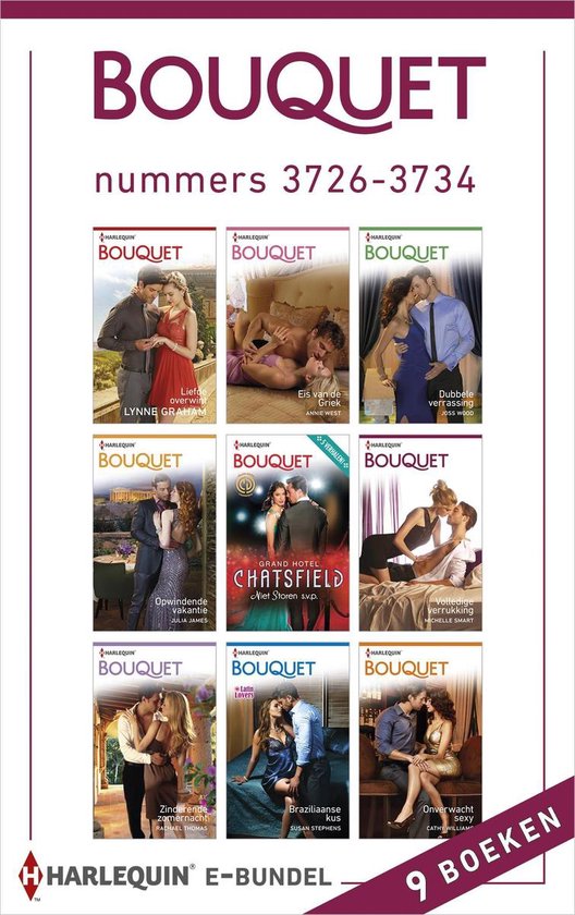 Tien Harlequin Bouquet romans, inclusief 'Liefde overwint', 'Eis van de Griek', 'Dubbele verrassing', 'Opwindende vakantie', 'Grand Hotel Chatsfield', 'Volledige verrukking', 'Zinderende zomernacht', 'Braziliaanse kus' en 'Onverwacht sexy'.