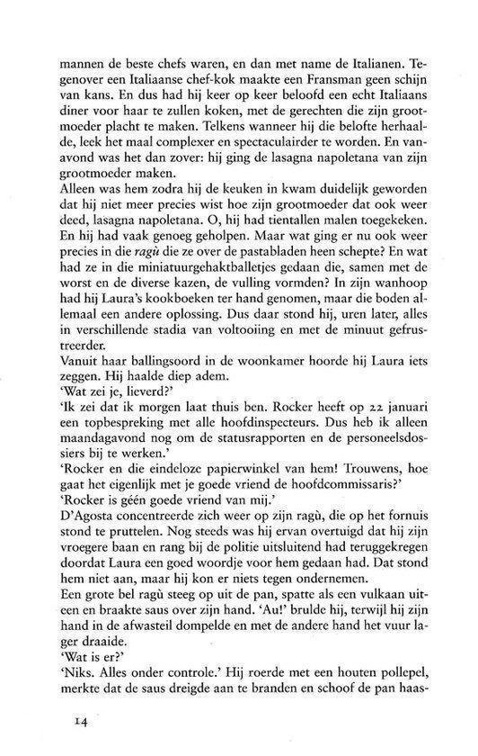 Tekstpagina 14 uit een boek, over D'Agosta die lasagna bereidt in de keuken.