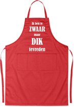 Mijncadeautje Schort - "Te ZWAAR maar DIK tevreden" - opdruk wit -  exclusieve keuken- en barbecueschort - rood