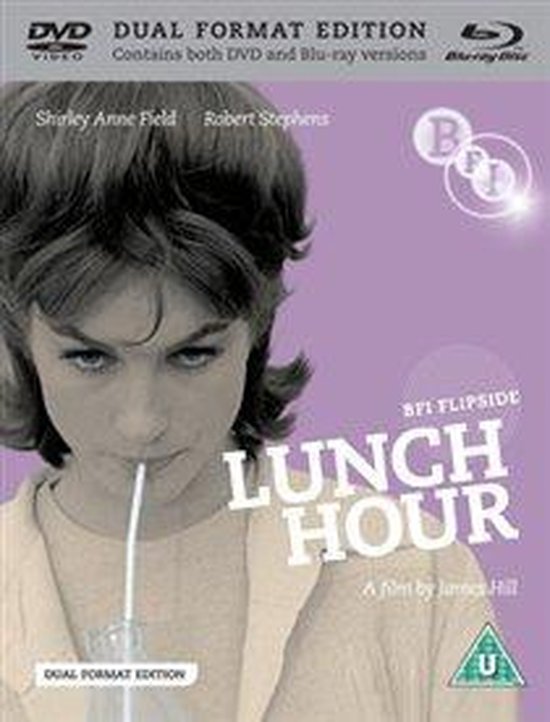 Shirley Anne Field met een rietje in een flesje, op de paarse hoes van Lunch Hour.