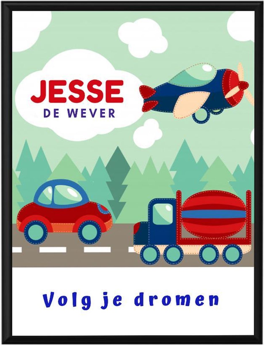 Gepersonaliseerde poster babykamer of kinderkamer, poster met naam van kind, gepersonaliseerd kraamcadeau. Inclusief fotolijst ! 30x42 cm (A3). "Volg je dromen"