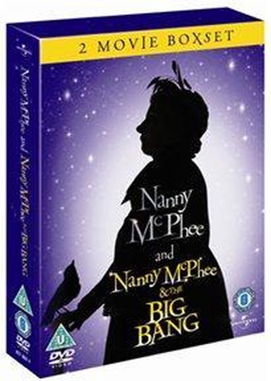2-film boxset Nanny McPhee en Nanny McPhee and the Big Bang, met silhouet van Nanny McPhee tegen een paarse sterrenhemel.