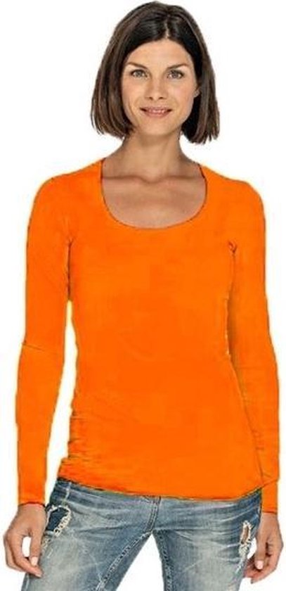 Bodyfit dames shirt lange mouwen/longsleeve oranje - Dameskleding basic shirts M (38)