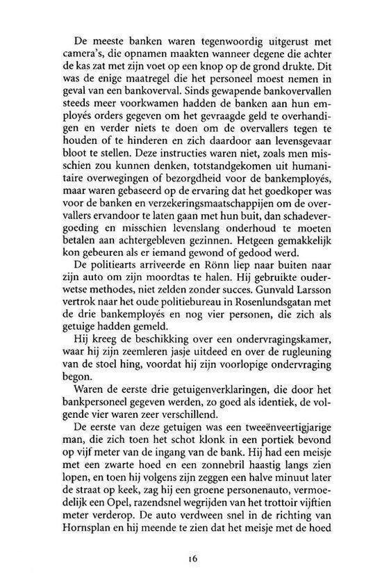 Pagina 16 van een boek met tekst over bankbeveiliging, getuigenverklaringen en een observatie van een groene Opel.