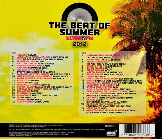 CD-hoes met de titel "THE BEAT OF SUMMER SLAM!FM 2012", de tracklijsten van CD1 en CD2, en de logo's van Cloud 9 Music en SLAM!FM.