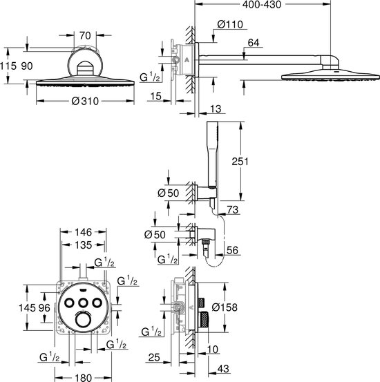 Technische tekening van een douchekop met regenfunctie en inbouwkraan.