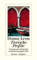 Couverture du livre 'Tierische Profite' de Donna Leon avec une image de bateaux rouges devant des bâtiments aux rideaux rouges.