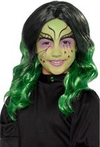 Halloween - Lange zwart met groene meisjespruik met krullen
