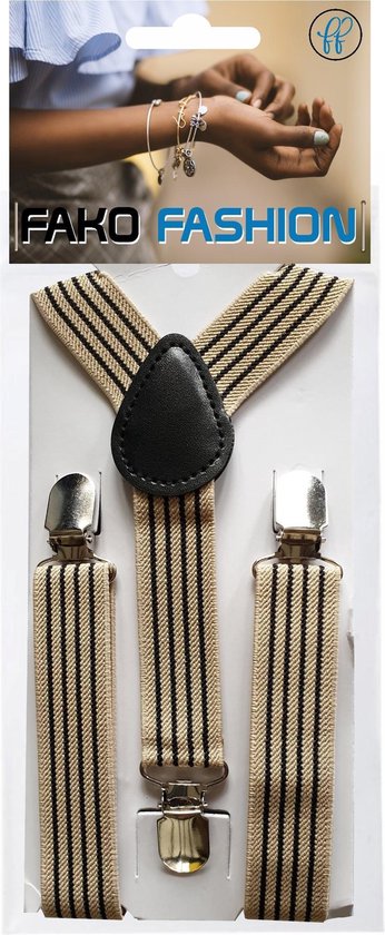 Beige bretels met zwarte strepen, verstelbaar met zilverkleurige clips en een zwarte leren Y-vormige achterkant. Verpakking met 'Fako Fashion' logo.